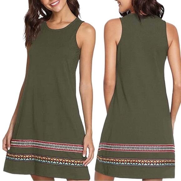 Romwe Boho Embroidered Ribbon Hem Sleeveless Loose Fit Knit Tank Dress CoverUp - Picture 1 of 16
